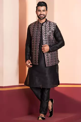  black  silk blend kurta jacket  set for men 