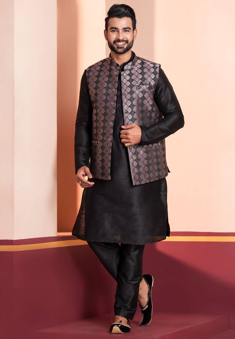  black  silk blend kurta jacket  set for men 