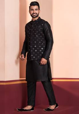 black  silk blend kurta jacket  set for men  1