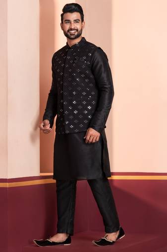  black  silk blend kurta jacket  set for men 