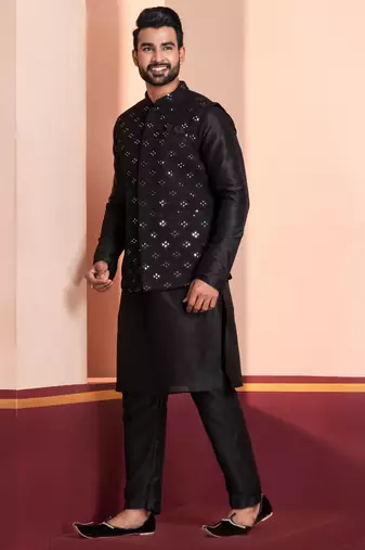  black  silk blend kurta jacket  set for men 