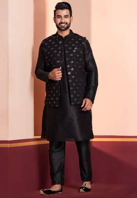  black  silk blend kurta jacket  set for men  2