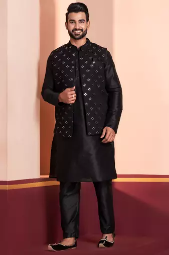  black  silk blend kurta jacket  set for men 