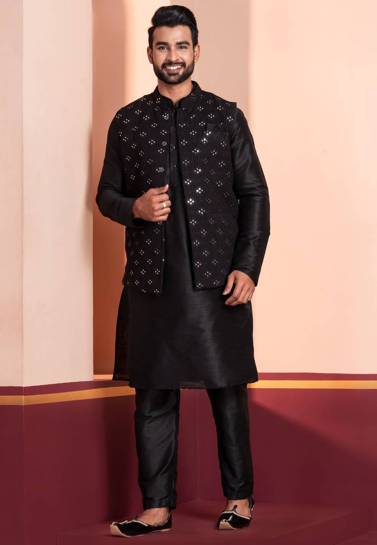  black  silk blend kurta jacket  set for men 