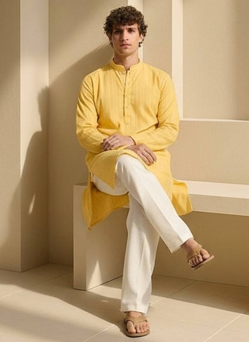 Mens yellow kurta pyjama set