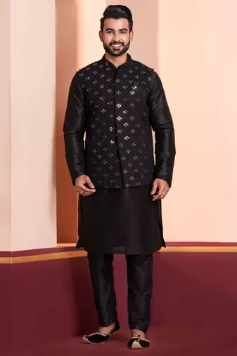  black  silk blend kurta jacket  set for men 
