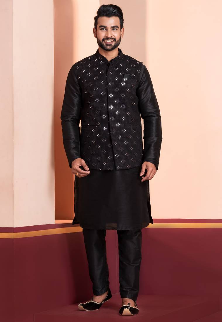  black  silk blend kurta jacket  set for men 