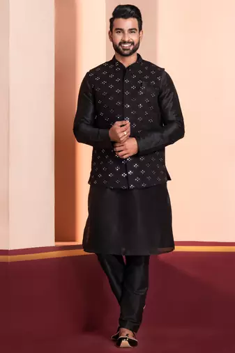  black  silk blend kurta jacket  set for men 