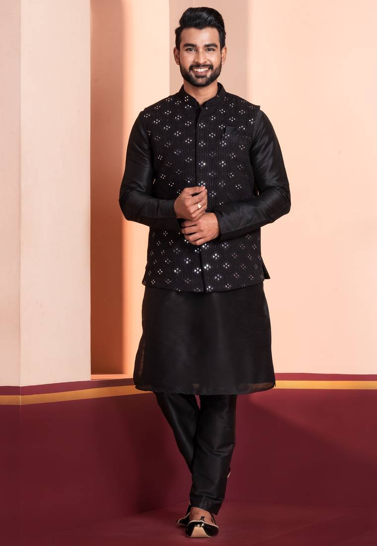  black  silk blend kurta jacket  set for men 