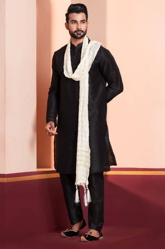  black silk blend kurta duppata   set for men