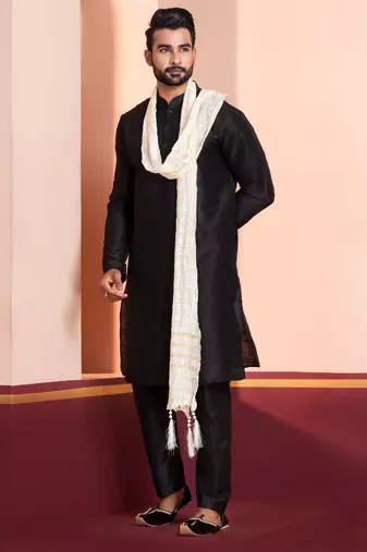  black silk blend kurta duppata   set for men