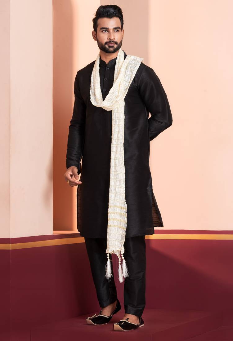  black silk blend kurta duppata   set for men