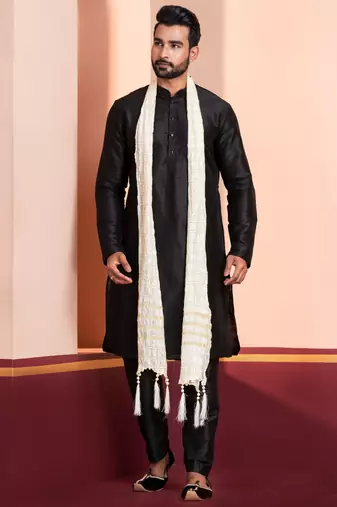  black silk blend kurta duppata   set for men