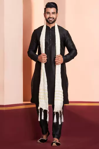  black silk blend kurta duppata   set for men