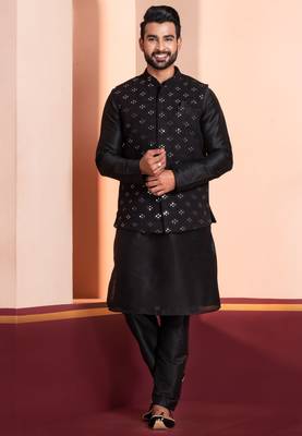  black silk blend kurta duppata   set for men 4