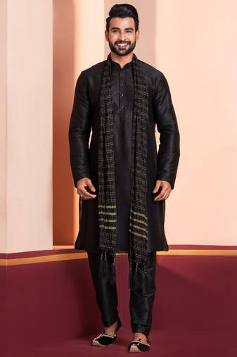  black silk blend kurta duppata   set for men