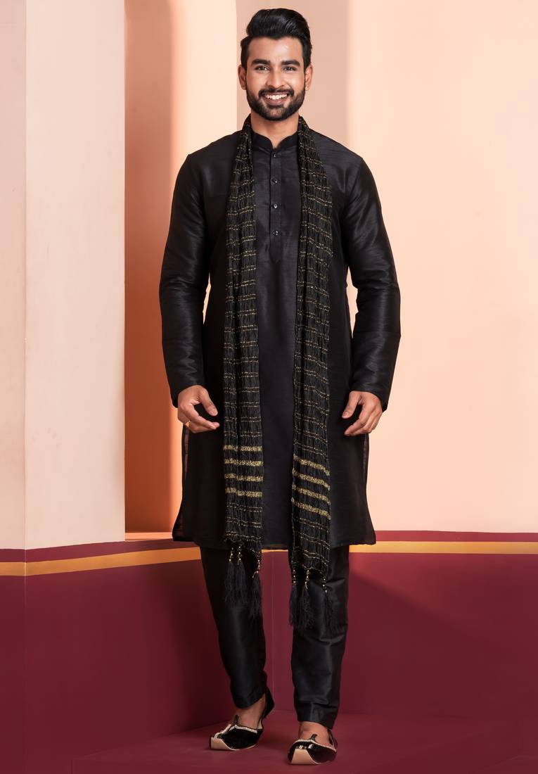  black silk blend kurta duppata   set for men