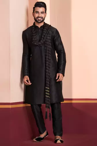  black silk blend kurta duppata   set for men