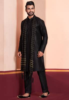  black silk blend kurta duppata   set for men 3