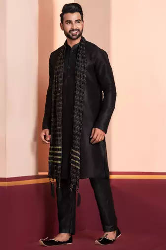  black silk blend kurta duppata   set for men
