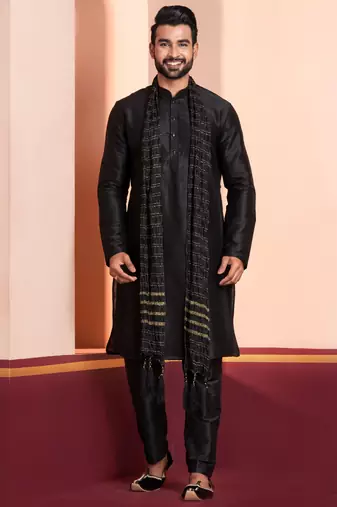  black silk blend kurta duppata   set for men
