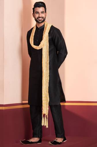  black silk blend kurta duppata   set for men