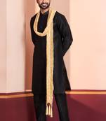  black silk blend kurta duppata   set for men
