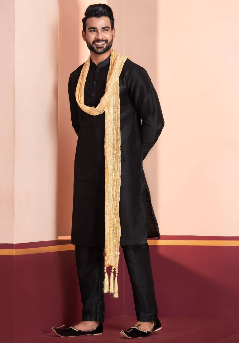  black silk blend kurta duppata   set for men