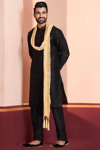  black silk blend kurta duppata   set for men