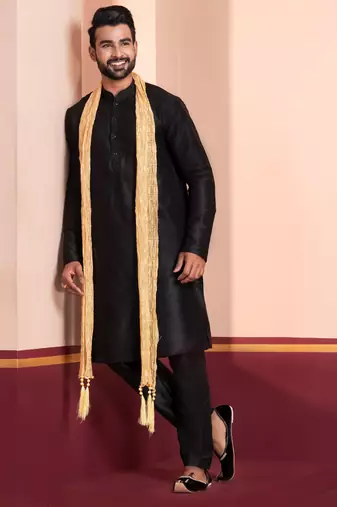 black silk blend kurta duppata   set for men