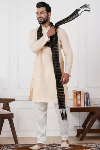  white  silk blend kurta duppata set for men