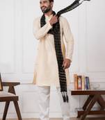  white  silk blend kurta duppata set for men
