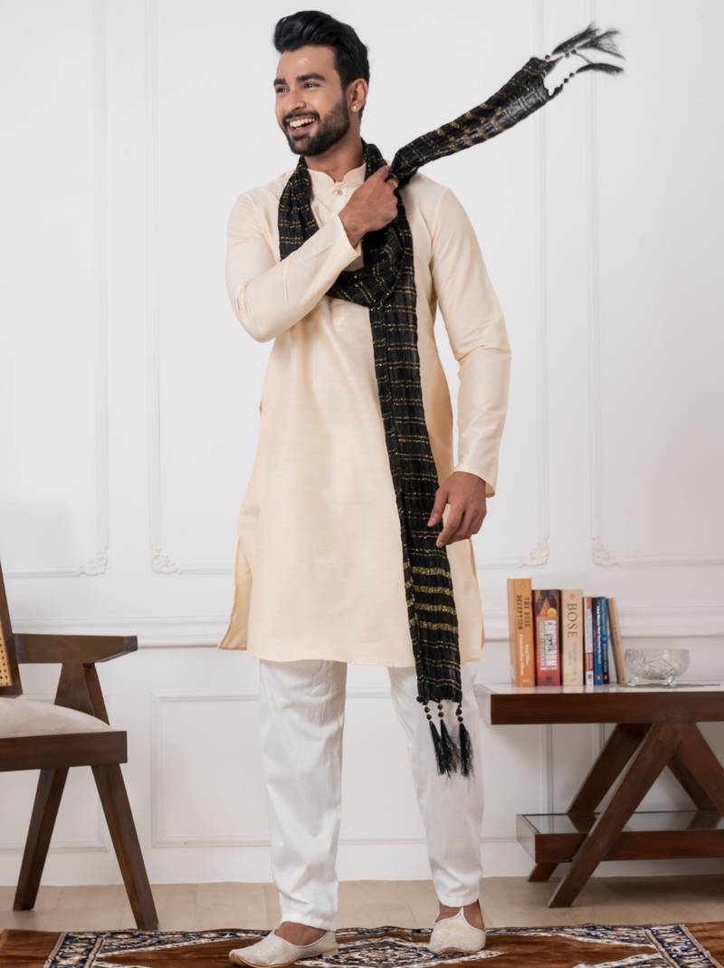  white  silk blend kurta duppata set for men