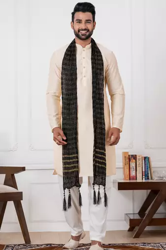  white  silk blend kurta duppata set for men