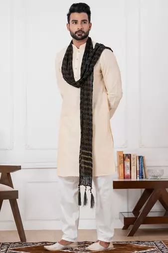  white  silk blend kurta duppata set for men