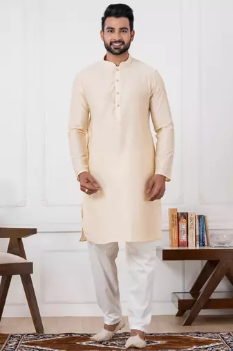  white  silk blend kurta duppata set for men