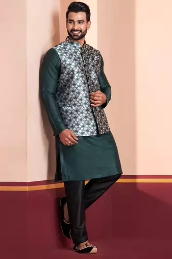  green silk blend kurta jacket for men with embroidered work