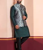  green silk blend kurta jacket for men with embroidered work