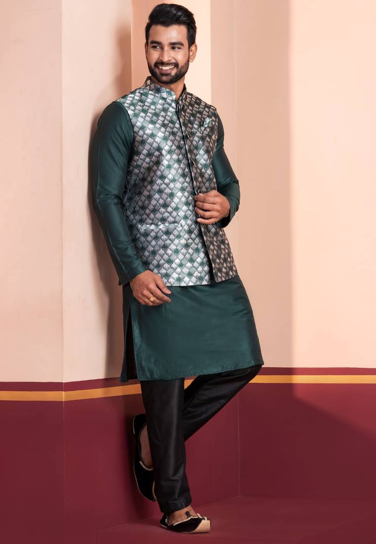  green silk blend kurta jacket for men with embroidered work
