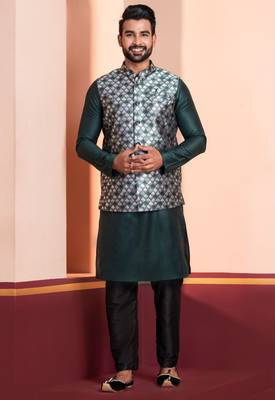  green silk blend kurta jacket for men with embroidered work 2