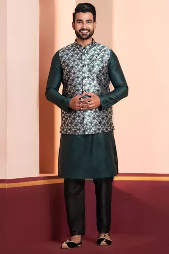  green silk blend kurta jacket for men with embroidered work