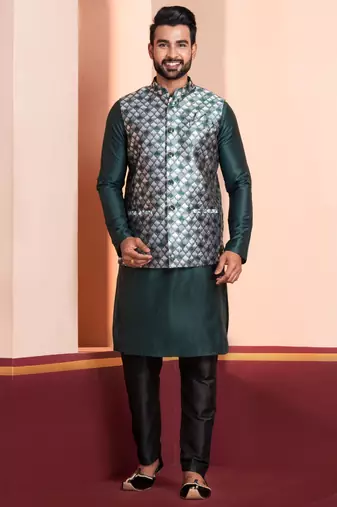  green silk blend kurta jacket for men with embroidered work