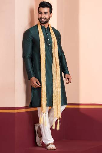  green silk blend kurta jacket duppata  set for men with embroidered work