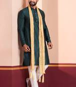  green silk blend kurta jacket duppata  set for men with embroidered work
