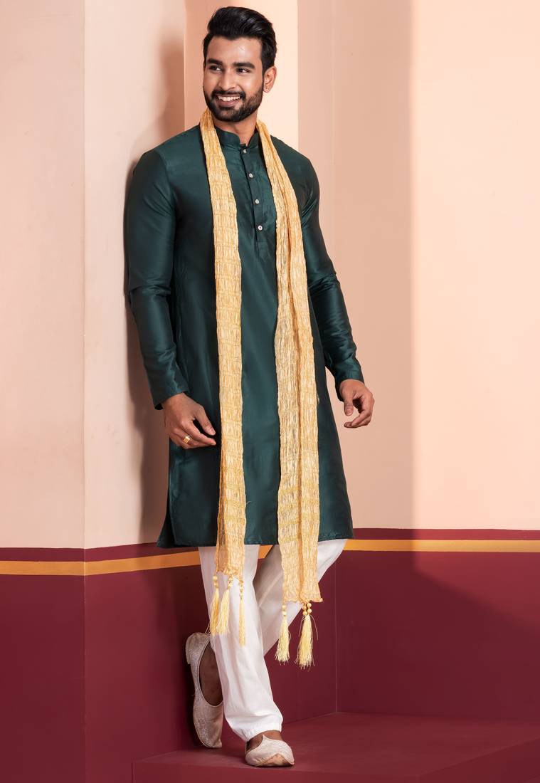  green silk blend kurta jacket duppata  set for men with embroidered work