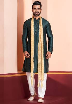  green silk blend kurta jacket duppata  set for men with embroidered work 2
