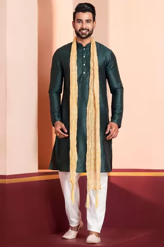  green silk blend kurta jacket duppata  set for men with embroidered work