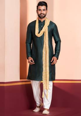  green silk blend kurta jacket duppata  set for men with embroidered work 3