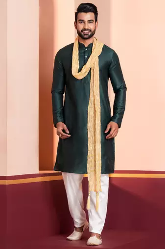  green silk blend kurta jacket duppata  set for men with embroidered work