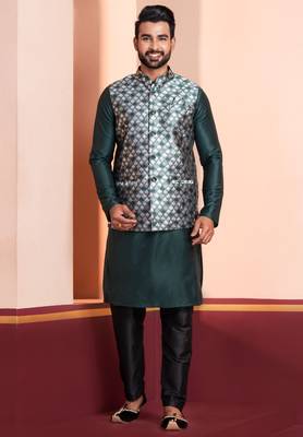  green silk blend kurta jacket duppata  set for men with embroidered work 4